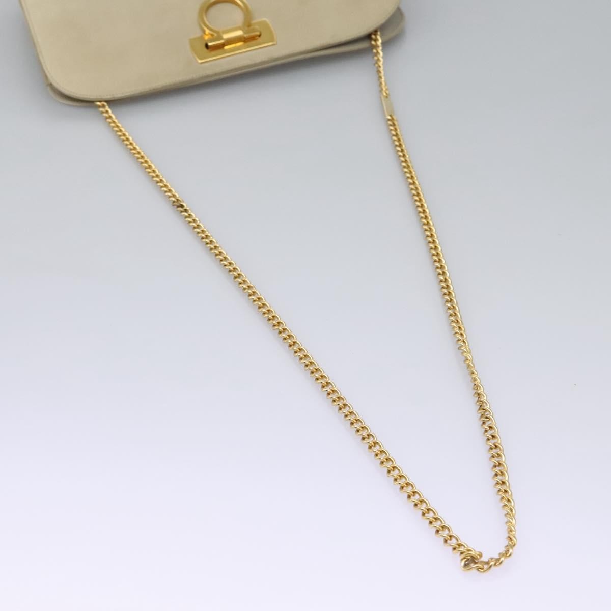 Salvatore Ferragamo Chain Gancini Jacquard With Studded Leather Beige Suede Shoulder Bag Bag (Pre-Owned)