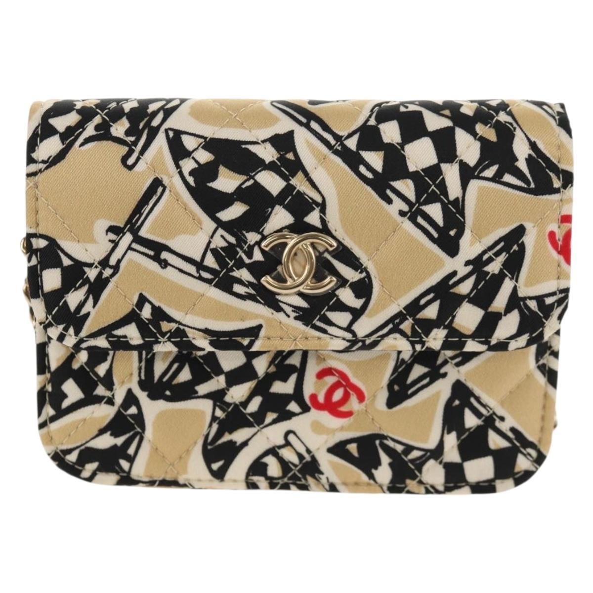 Chanel Flap Card Holder On Chain Quilted Printed Canvas Beige Satin Shoulder Bag Bag (Pre-Owned)