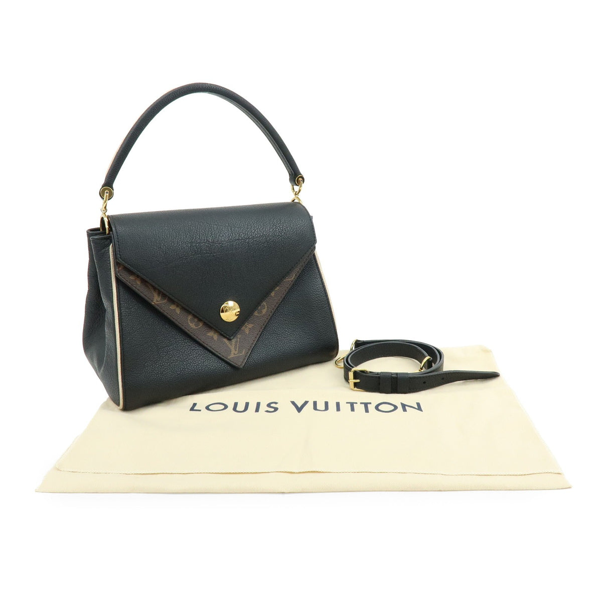 Louis Vuitton Double V Calfskin With Monogram Canvas Black Leather Handbag (Pre-Owned)