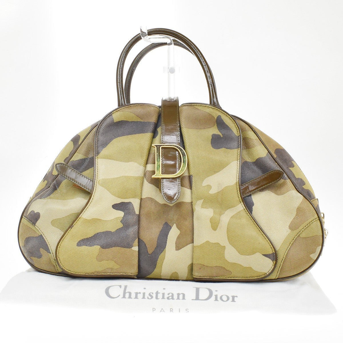 Christian Dior Vintage Saddle Bowler Camouflage Printed Pixelated Leather Khaki Canvas Handbag (Pre-Owned)