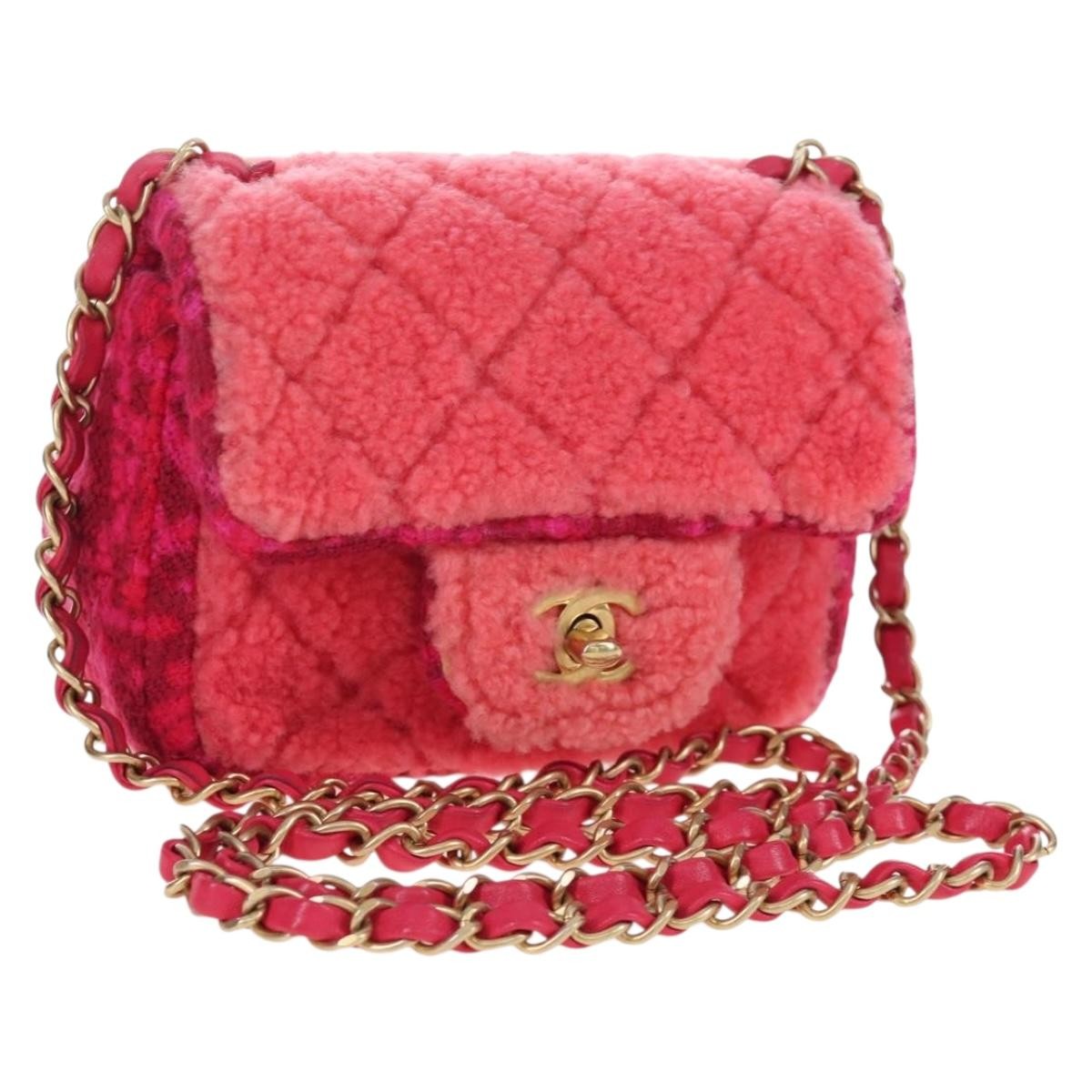 Chanel Vintage Square Classic Single Flap Quilted Shearling And Tweed Pink Canvas Handbag (Pre-Owned)