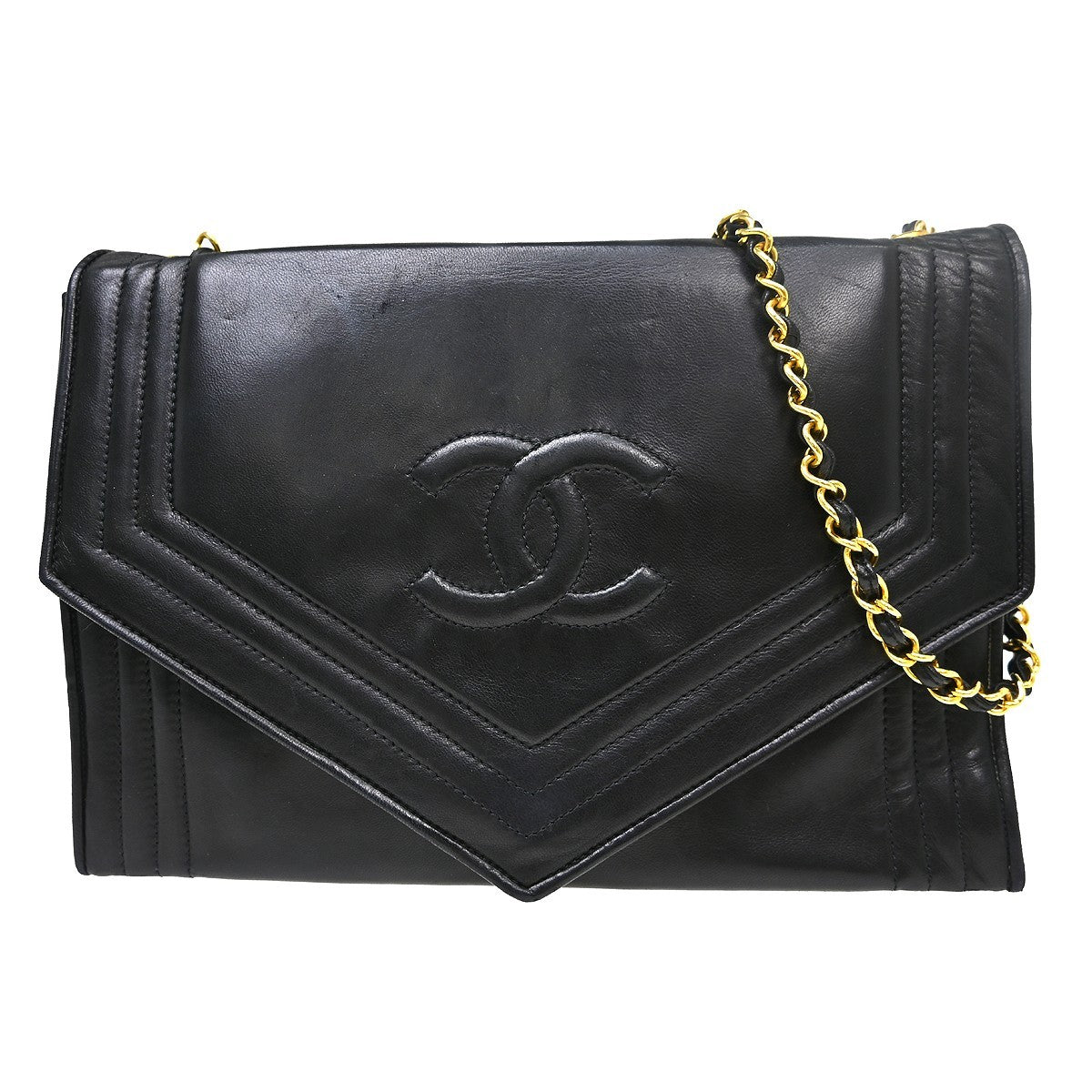 Chanel Vintage Cc Envelope Chain Flap Lambskin Black Leather Shoulder Bag Bag (Pre-Owned)