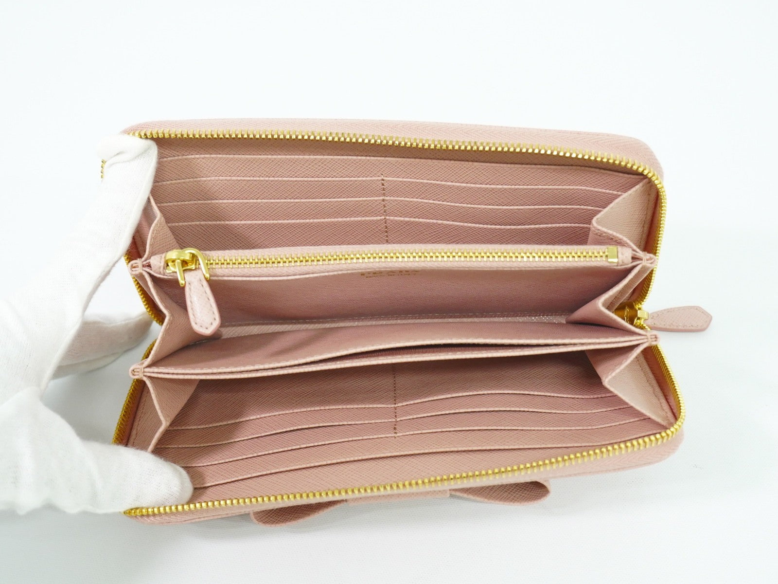 Prada Bow Zip Around Saffiano Leather Pink Leather Wallets Accessory (Pre-Owned)