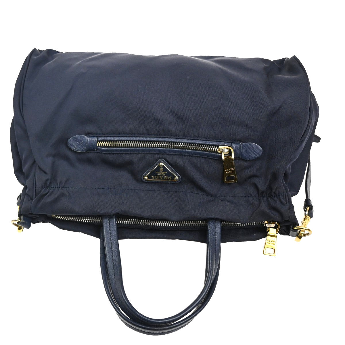 Prada Zip Convertible Shopping Tote Tessuto With Saffiano Leather Navy Nylon Handbag (Pre-Owned)