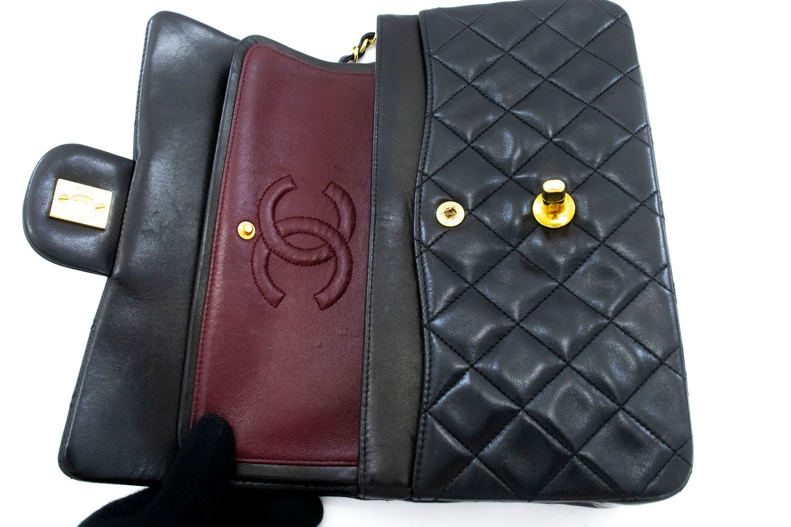 Chanel Vintage Classic Double Flap Quilted Lambskin Black Leather Shoulder Bag Bag (Pre-Owned)