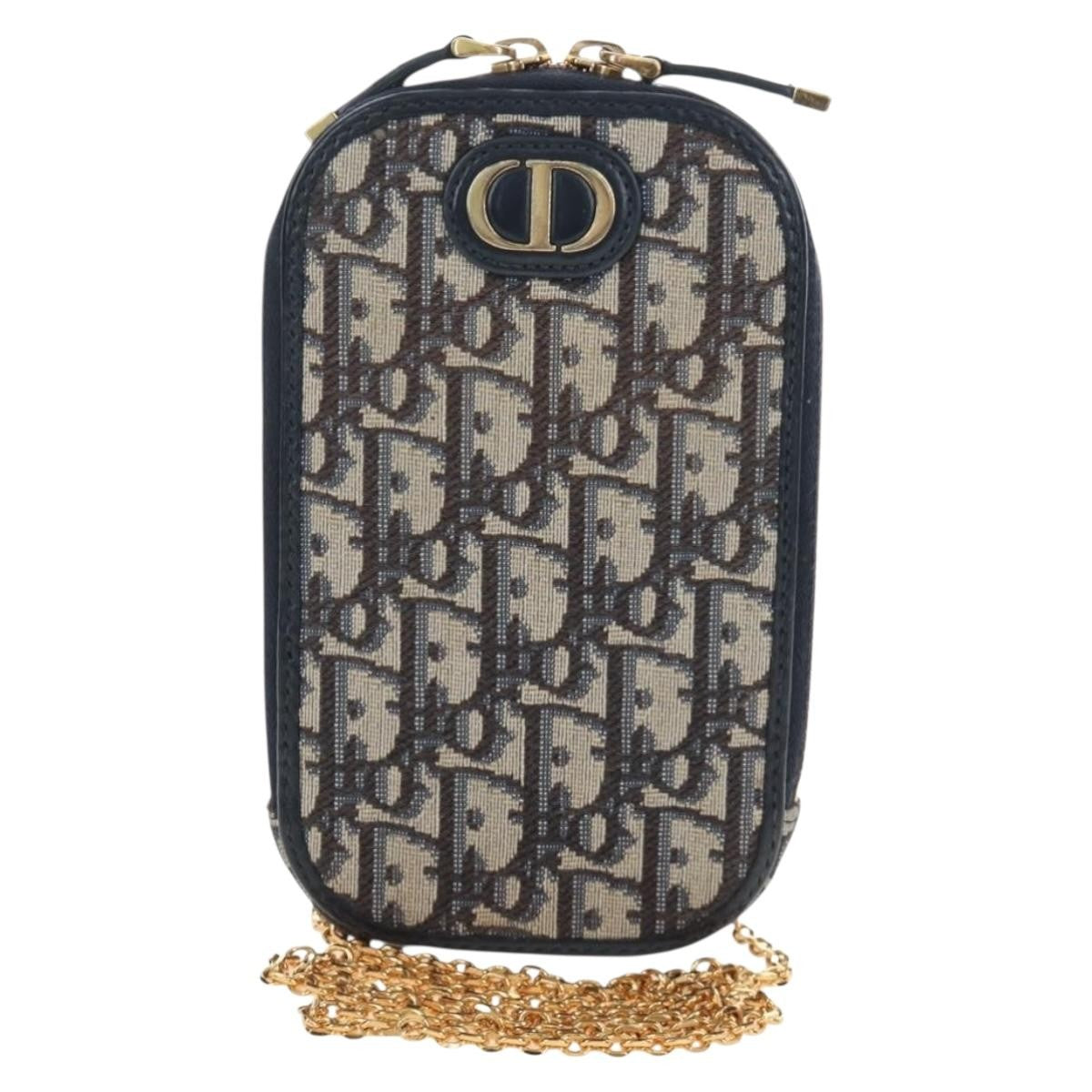 Christian Dior 30 Montaigne Phone Holder On Chain Oblique Canvas Navy Canvas Crossbody Bag Bag (Pre-Owned)