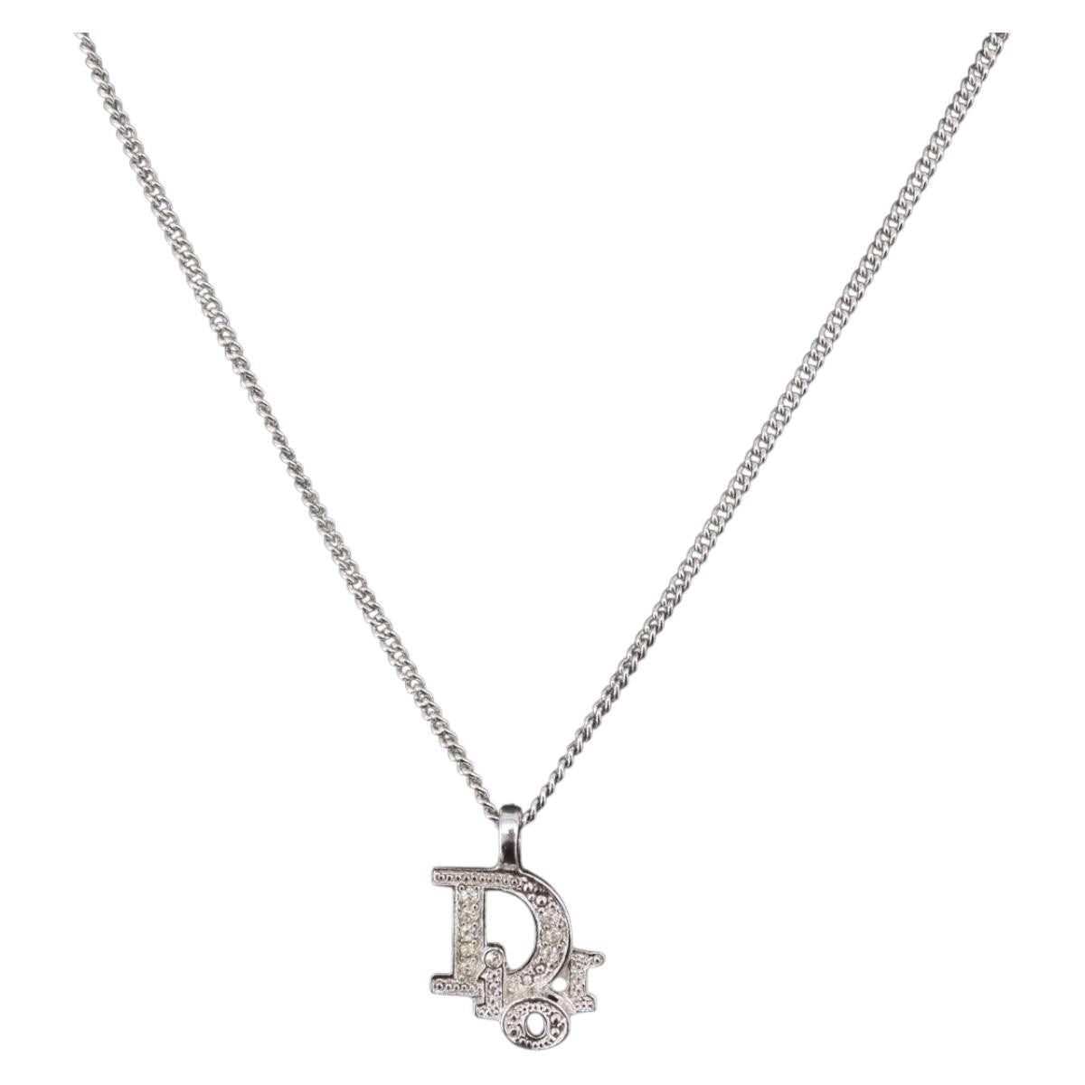 Christian Dior Vintage Dior Logo Metal And Crystal Silver Metal Necklace Jewelry (Pre-Owned)