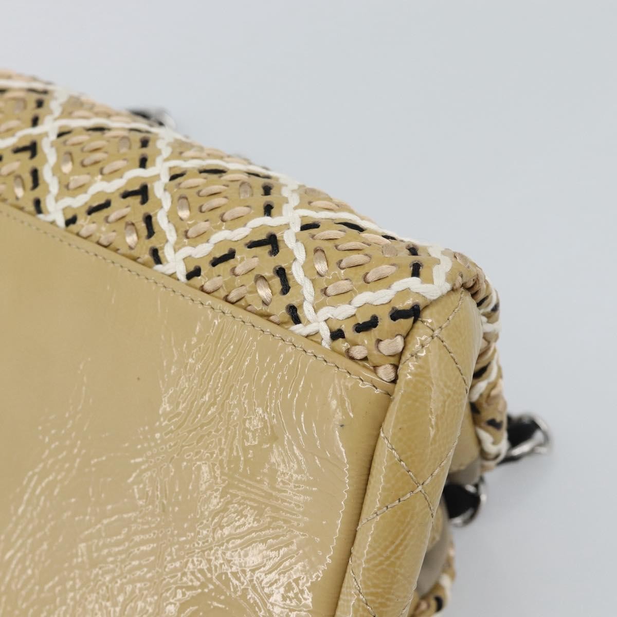 Chanel Just Mademoiselle Quilted Patent Beige Patent_Leather Handbag (Pre-Owned)