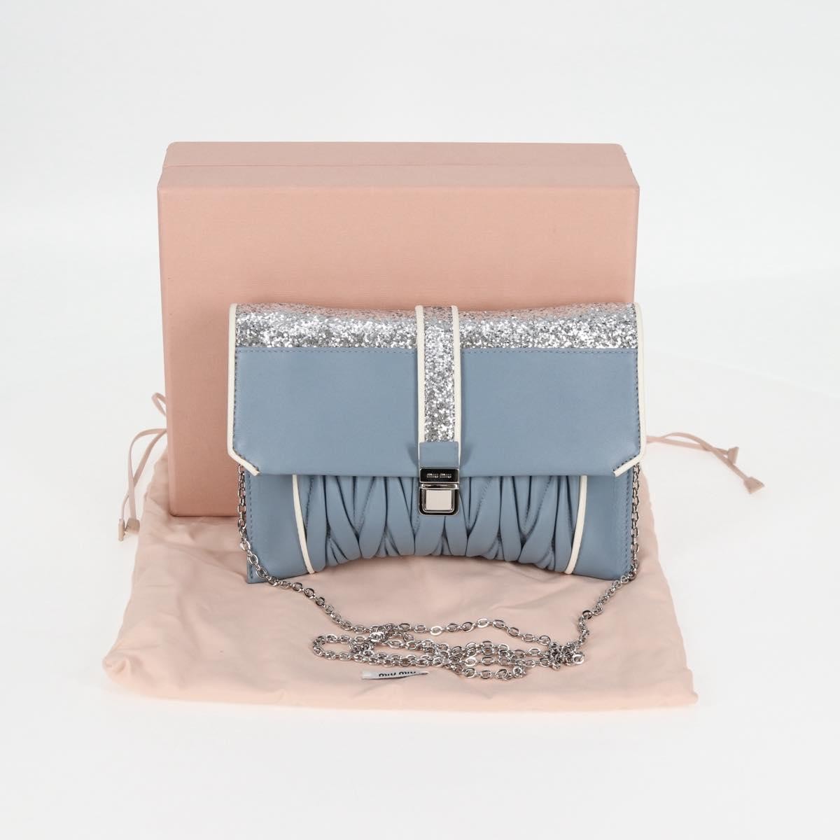 Miu Miu Madras Chain Clutch Matelasse Leather With Glitter Blue Leather Shoulder Bag Bag (Pre-Owned)