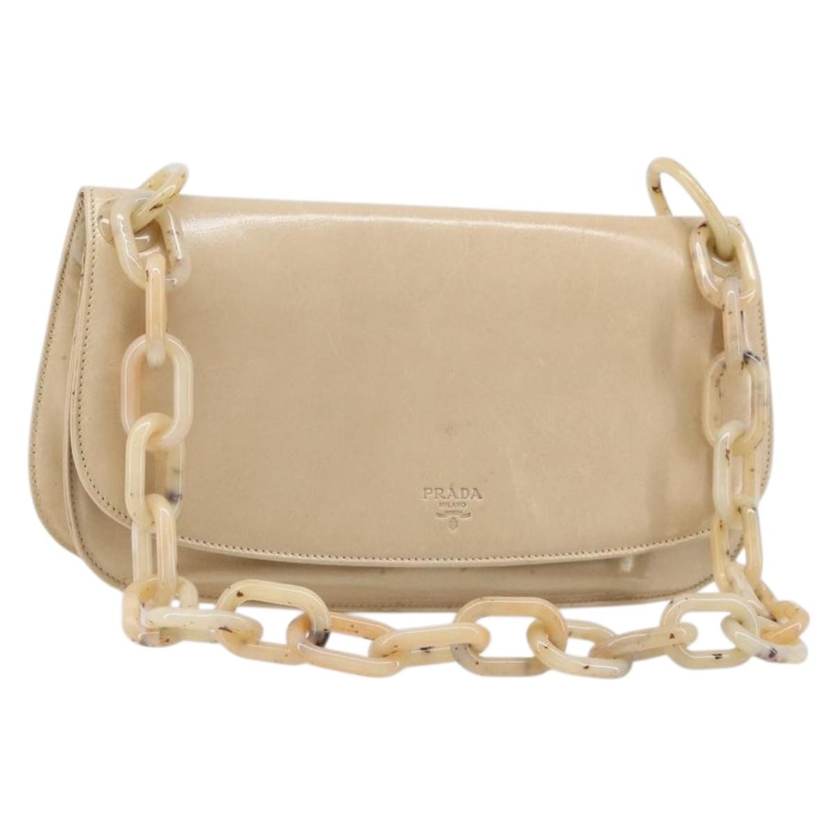 Prada Resin Chain Ruffle Flap Leather Beige Leather Handbag (Pre-Owned)