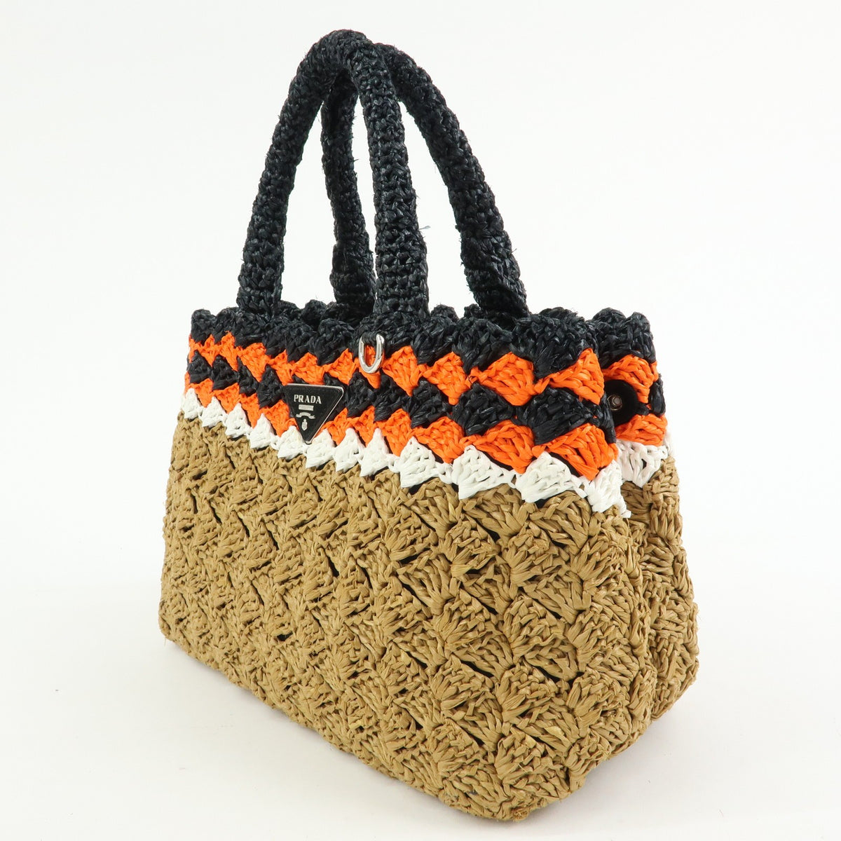 Prada Triangle Logo Raffia Crochet Beige Wicker Tote Bag Bag (Pre-Owned)