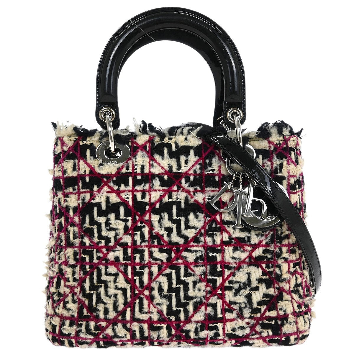 Christian Dior Lady Dior Chain Cannage Tweed Purple,Beige,Black Tweed,Patent_Leather Handbag (Pre-Owned)