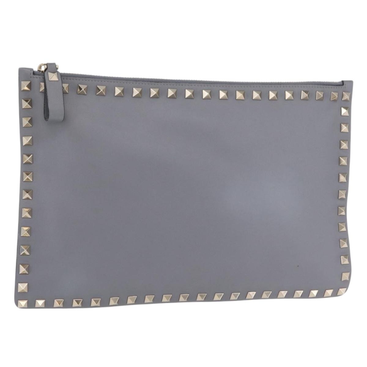 Valentino Garavani Rockstud Pouch Leather Gray Leather Clutche & Pouche Bag (Pre-Owned)