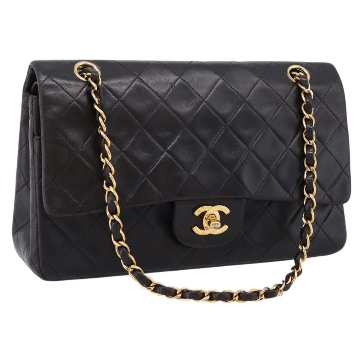 Chanel Classic Double Flap Quilted Lambskin Black Leather Shoulder Bag Bag (Pre-Owned)