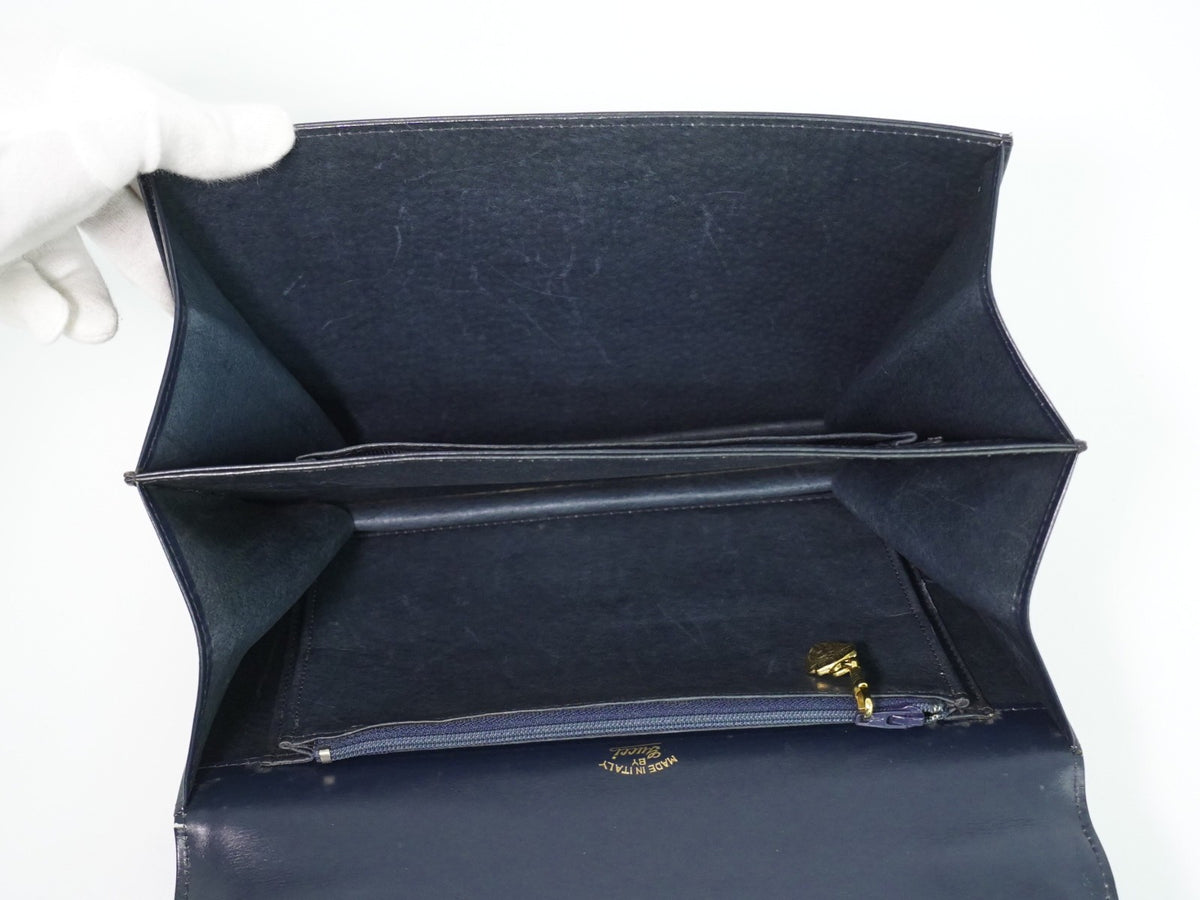 Gucci Vintage Top Handle Flap Leather With Chain Detail Navy Leather Handbag (Pre-Owned)
