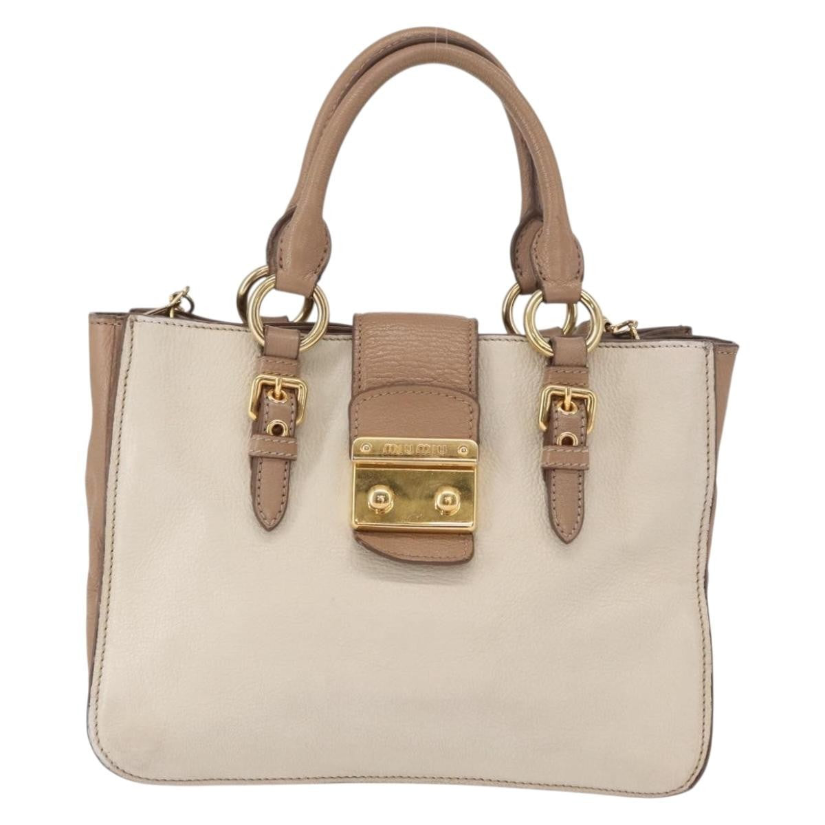 Miu Miu Madras Convertible Lock Tote Leather Beige Leather Handbag (Pre-Owned)