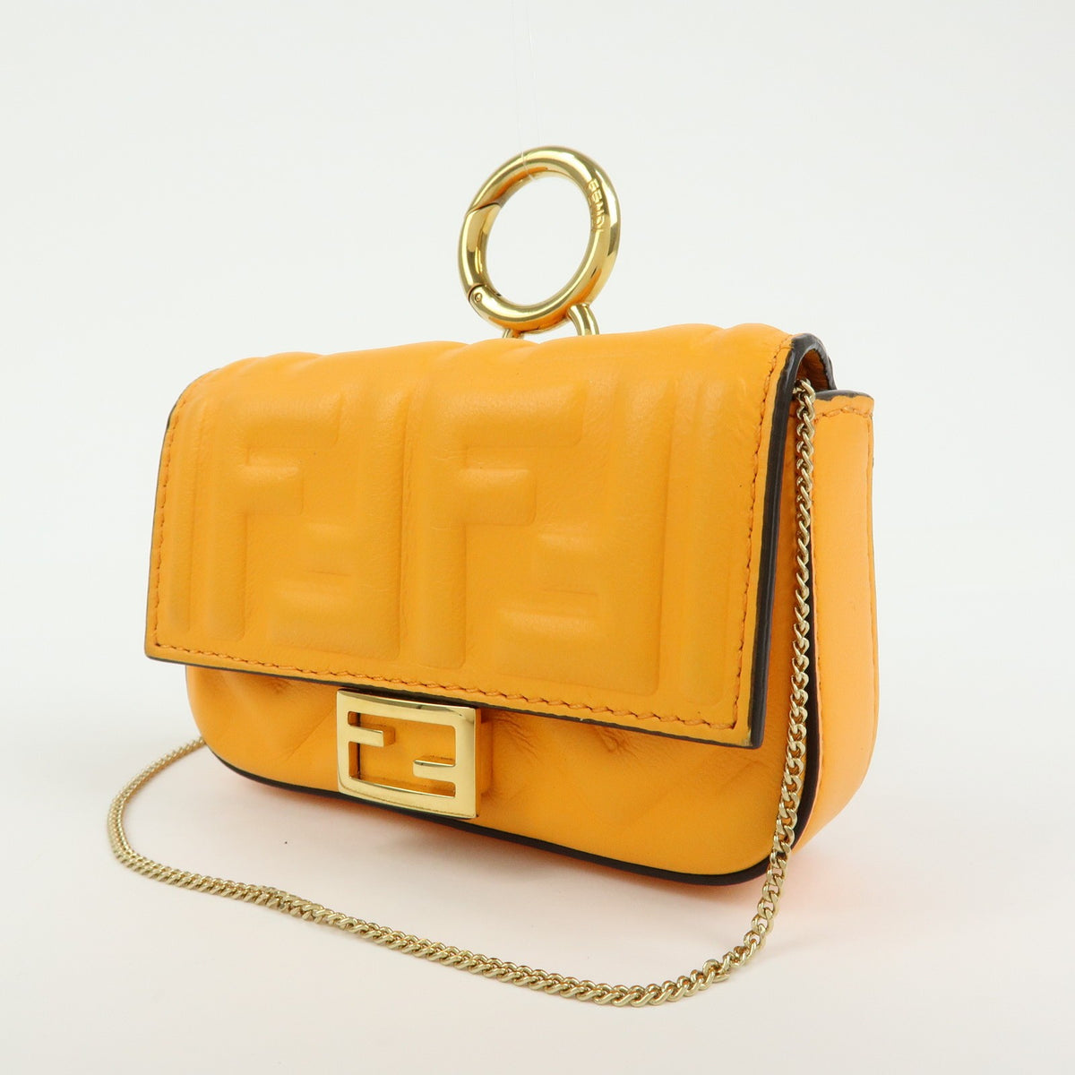 Fendi Chain Baguette Charm Zucca Embossed Leather Orange Leather Handbag (Pre-Owned)