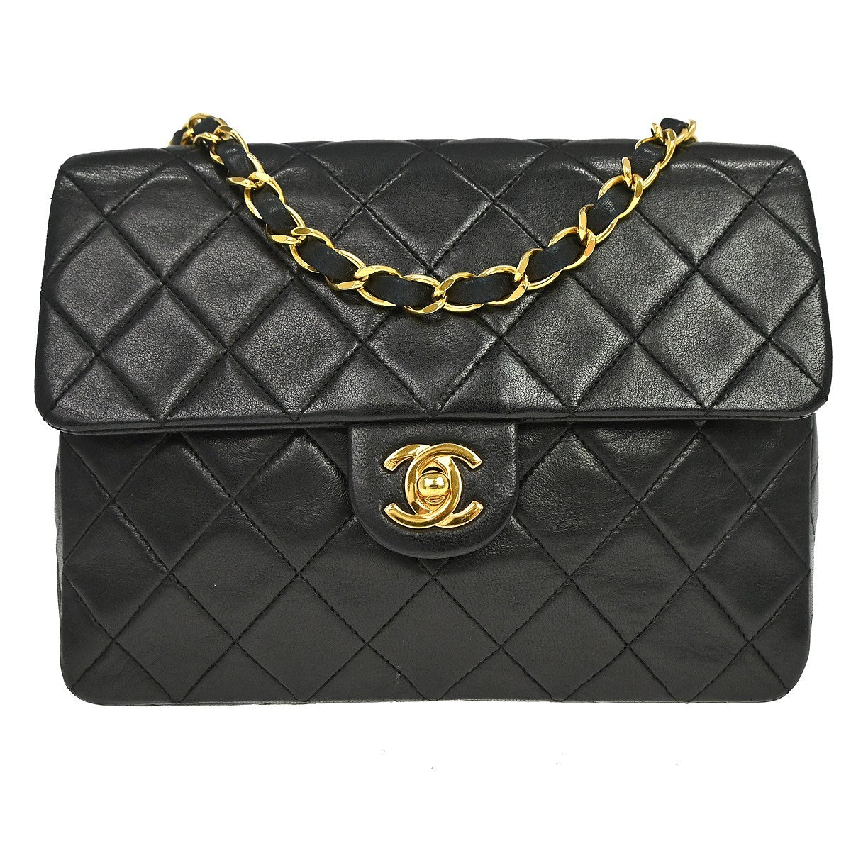 Chanel Vintage Square Classic Flap Quilted Lambskin Black Leather Handbag (Pre-Owned)