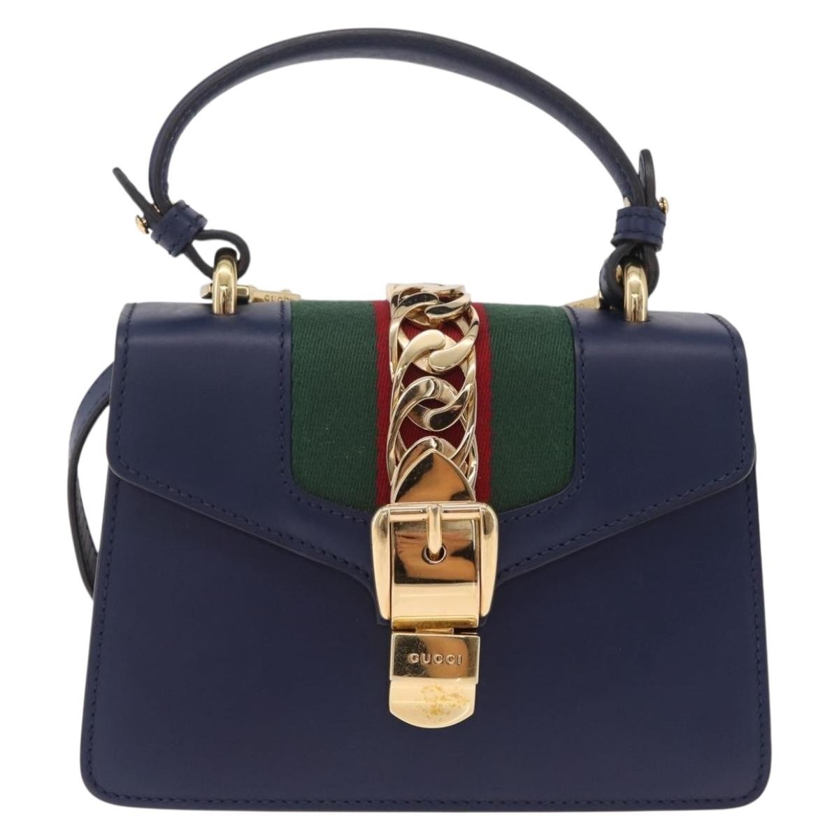 Gucci Sylvie Top Handle Leather Navy Leather Handbag (Pre-Owned)