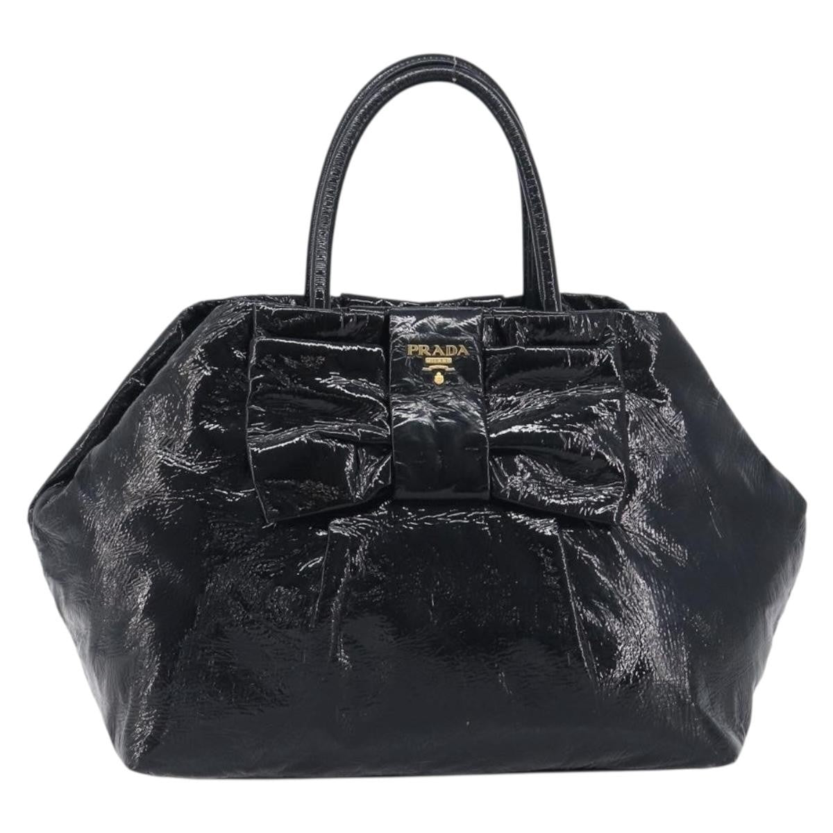 Prada Bow Top Handle Patent Leather Black Patent_Leather Handbag (Pre-Owned)