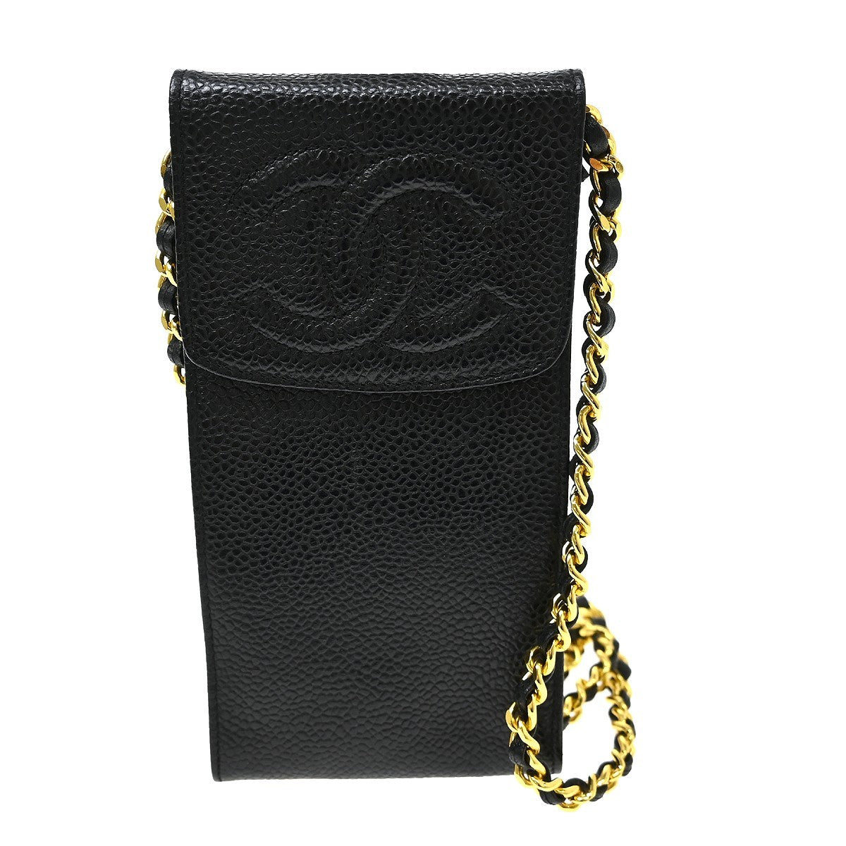 Chanel Vintage Cc Phone Holder Caviar Black Leather Clutche & Pouche Bag (Pre-Owned)