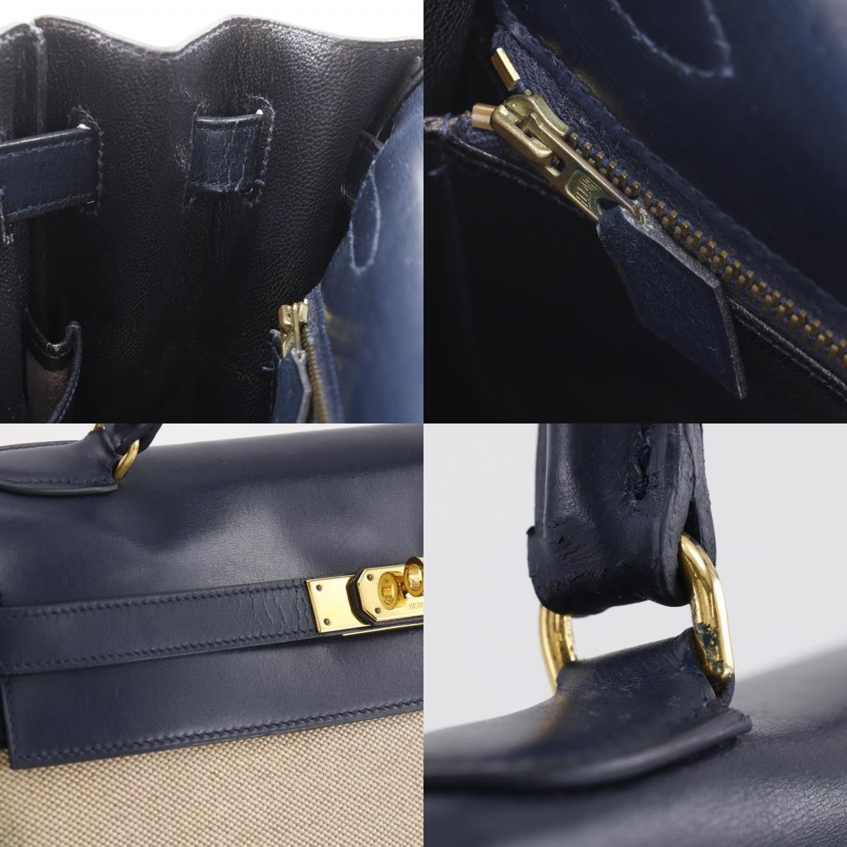 Hermes Kelly Black Box Calf With Gold Hardware Beige Canvas Handbag (Pre-Owned)