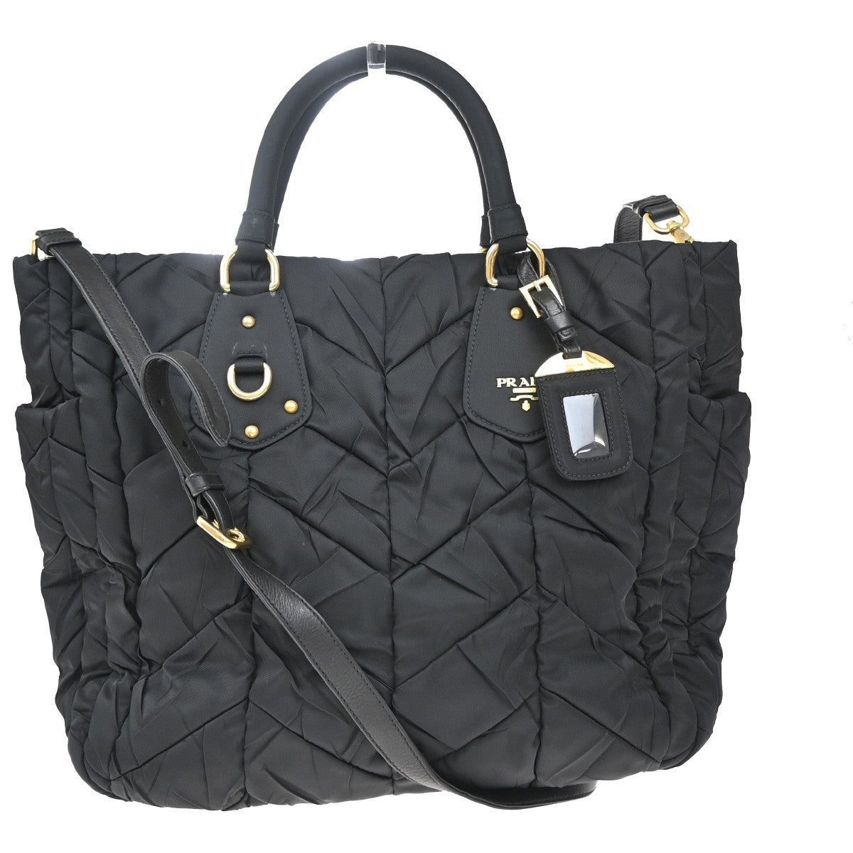 Prada Convertible Side Pocket Tote Chevron Tessuto Black Nylon Tote Bag Bag (Pre-Owned)