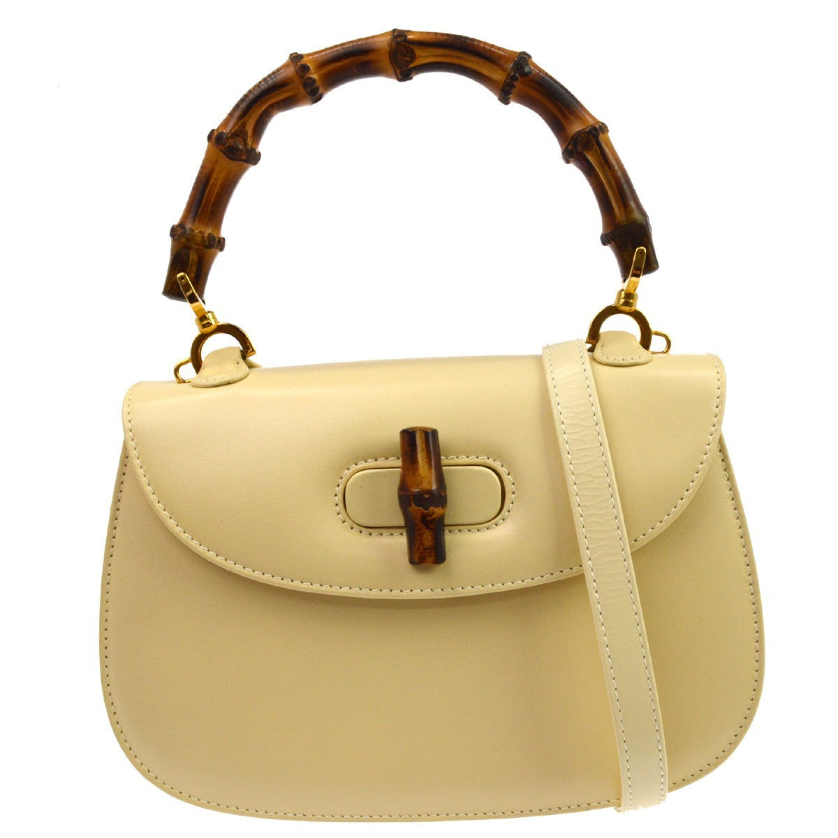 Gucci Vintage Bamboo Top Handle Leather Beige Leather Handbag (Pre-Owned)