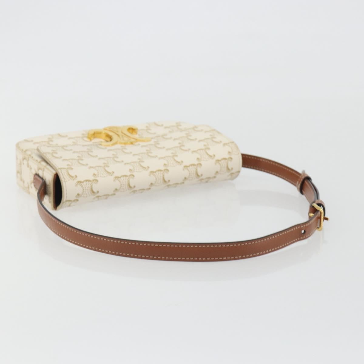 Celine Triomphe Strap Bag Monogram Canvas White Leather Handbag (Pre-Owned)