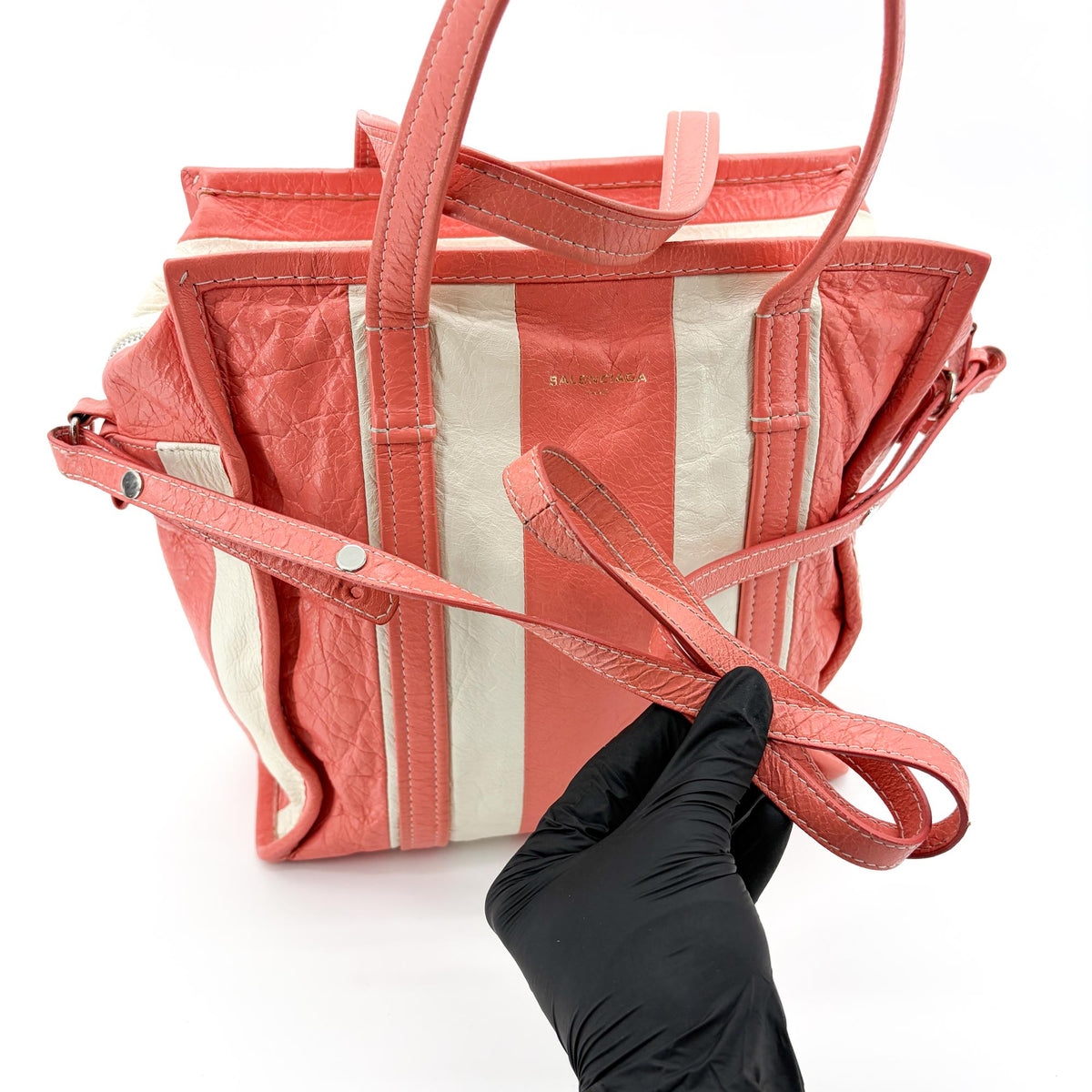 Balenciaga Bazar Striped Leather White Leather Tote Bag Bag (Pre-Owned)