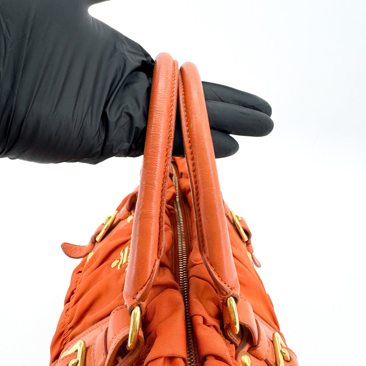 Prada Gaufre Convertible Satchel Leather And Tessuto Orange Nylon Handbag (Pre-Owned)