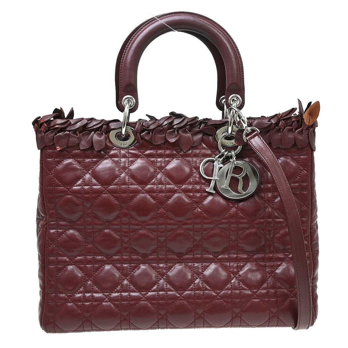 Christian Dior Lady Dior Cannage Quilt Lambskin With Crystal Detail Burgundy Leather Handbag (Pre-Owned)