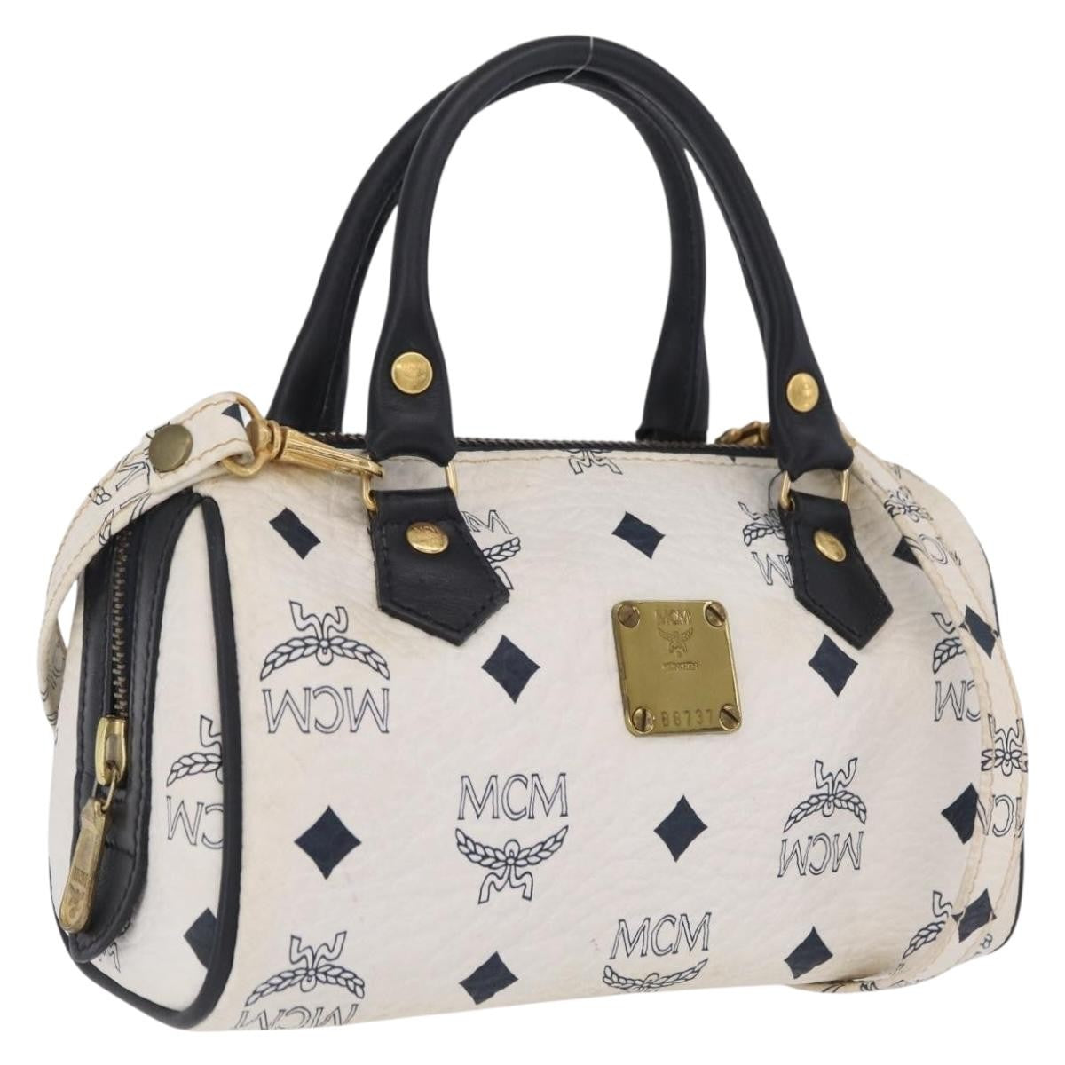 MCM Vicetos Logogram Boston White Canvas Travel Bag Bag (Pre-Owned)