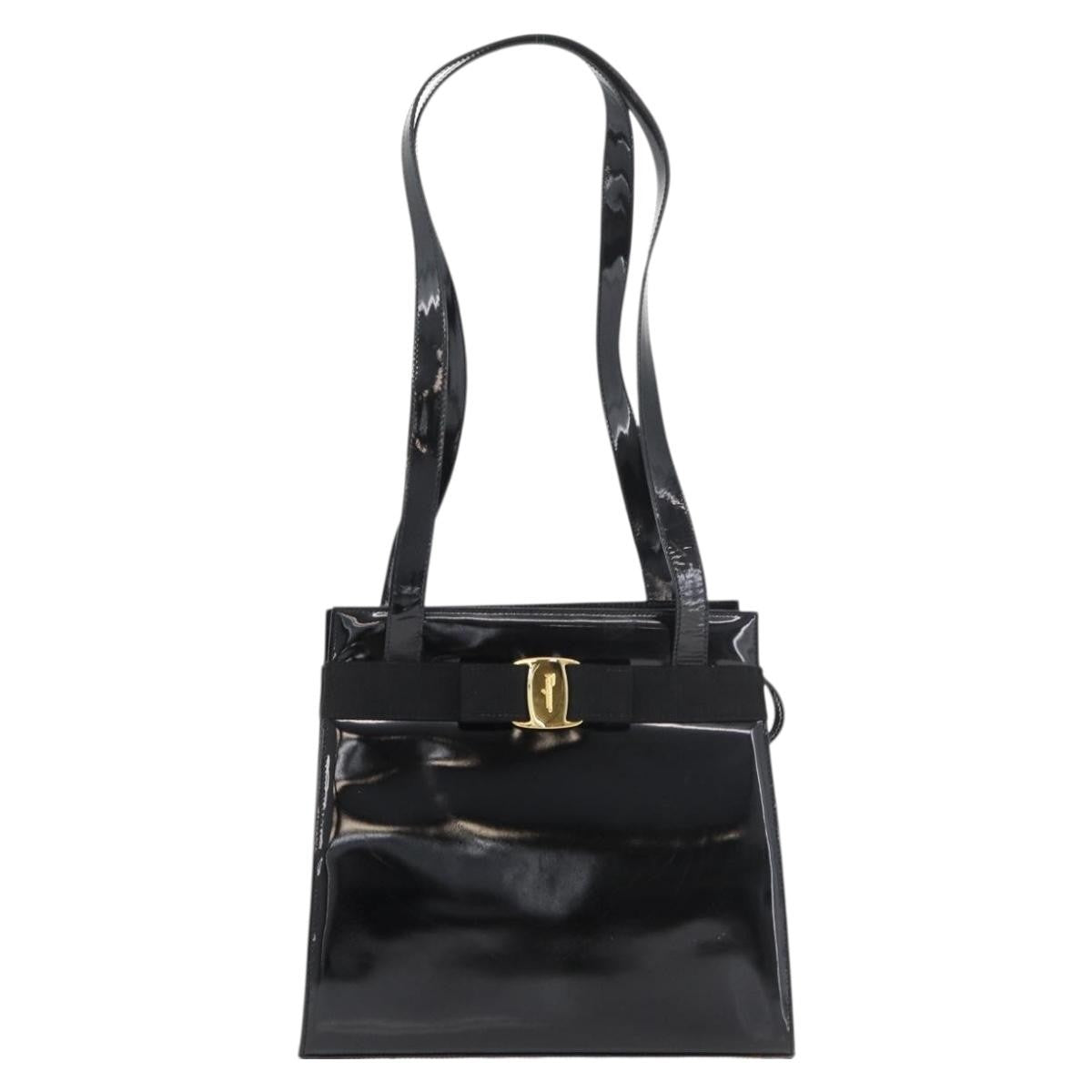 Salvatore Ferragamo Vala Patent Leather Black Patent_Leather Handbag (Pre-Owned)