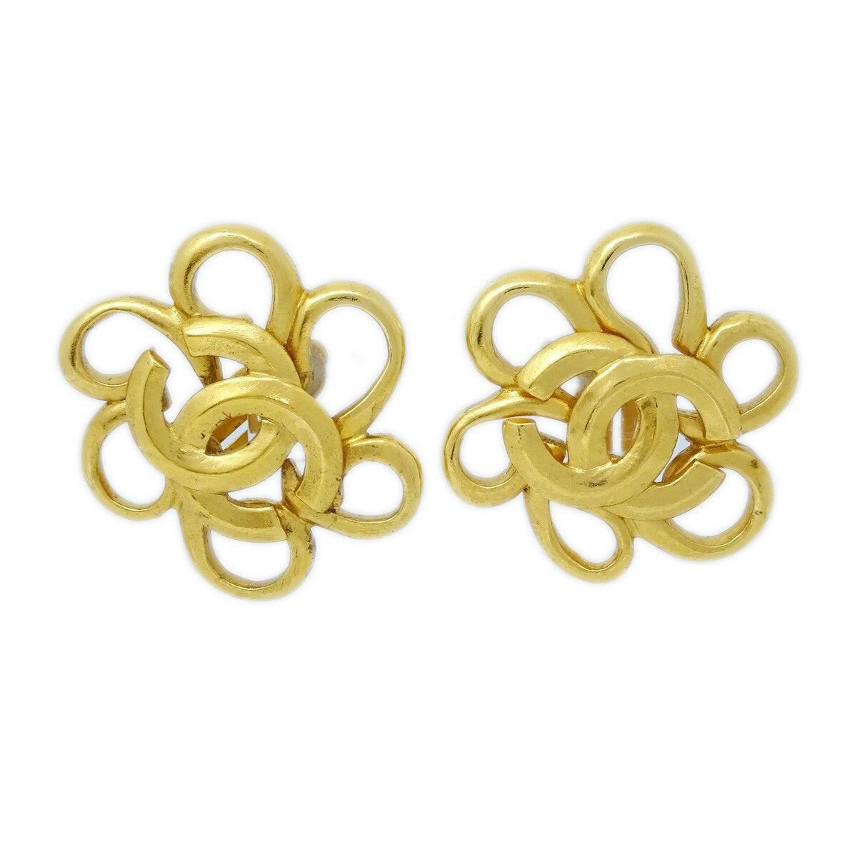 Chanel Vintage Cc Flower Clip-On Metal Gold Gold_Plated Earrings Jewelry (Pre-Owned)