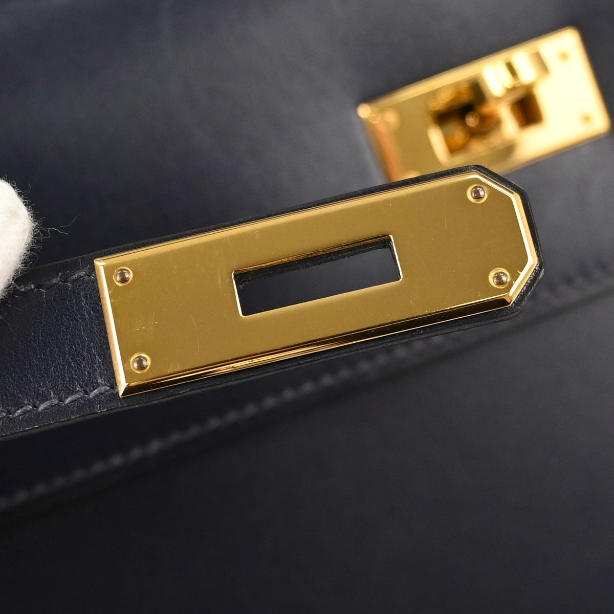 Hermes Kelly Blue Box Calf With Gold Hardware Blue Calfskin Handbag (Pre-Owned)