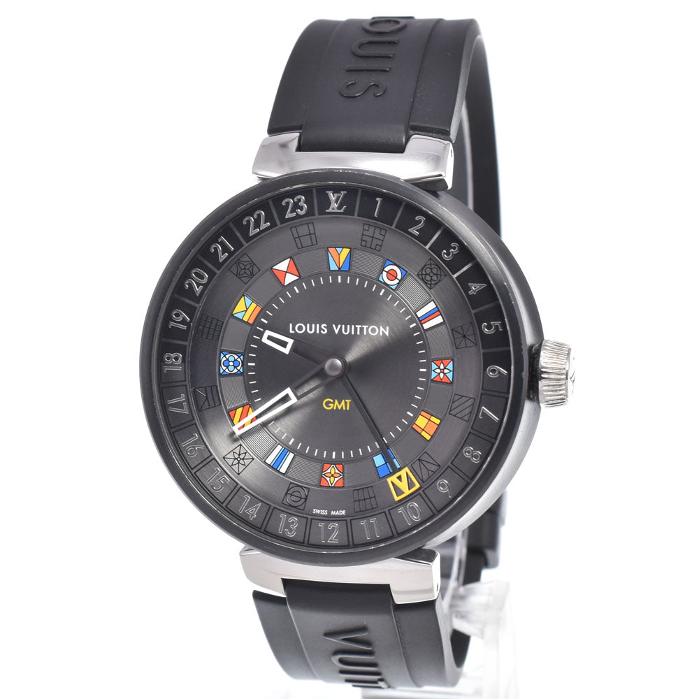 Louis Vuitton Tambour Moon Dual Time Quartz Stainless Steel With Diamond Lugs And Markers And Leather Watch (Pre-Owned)
