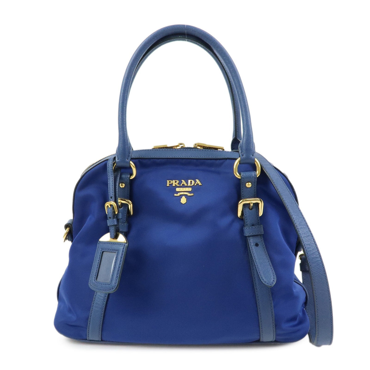 Prada Convertible Dome Satchel Tessuto With Saffiano Leather Blue Nylon Handbag (Pre-Owned)