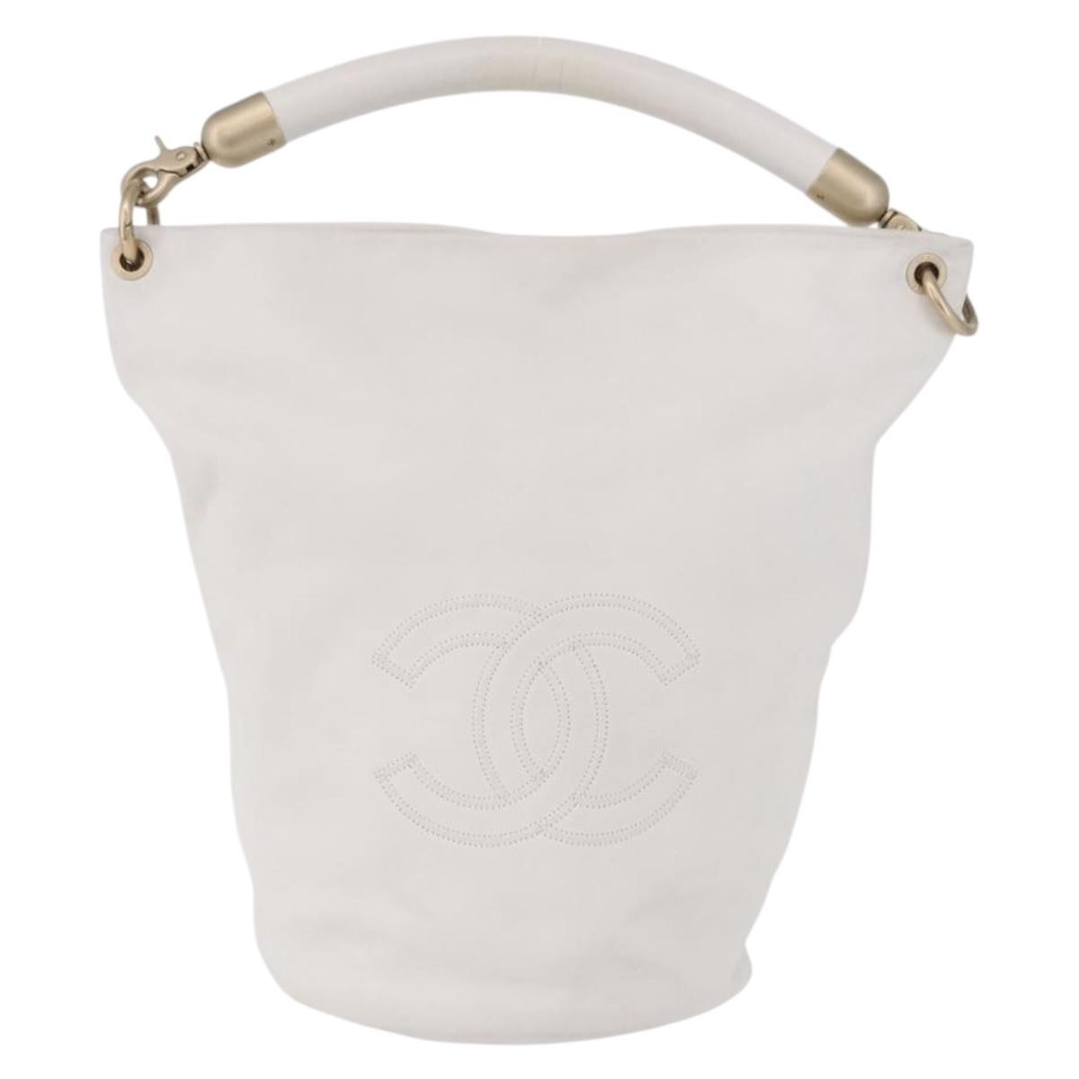 Chanel Vintage Cc Handle Bucket Leather White Leather Handbag (Pre-Owned)