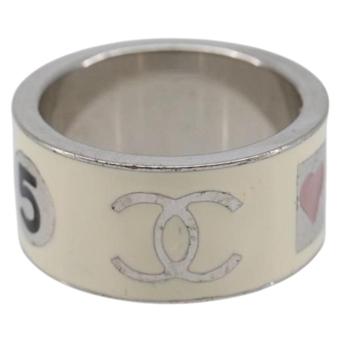 Chanel Heart Band Metal And Enamel Silver Metal Ring Jewelry (Pre-Owned)
