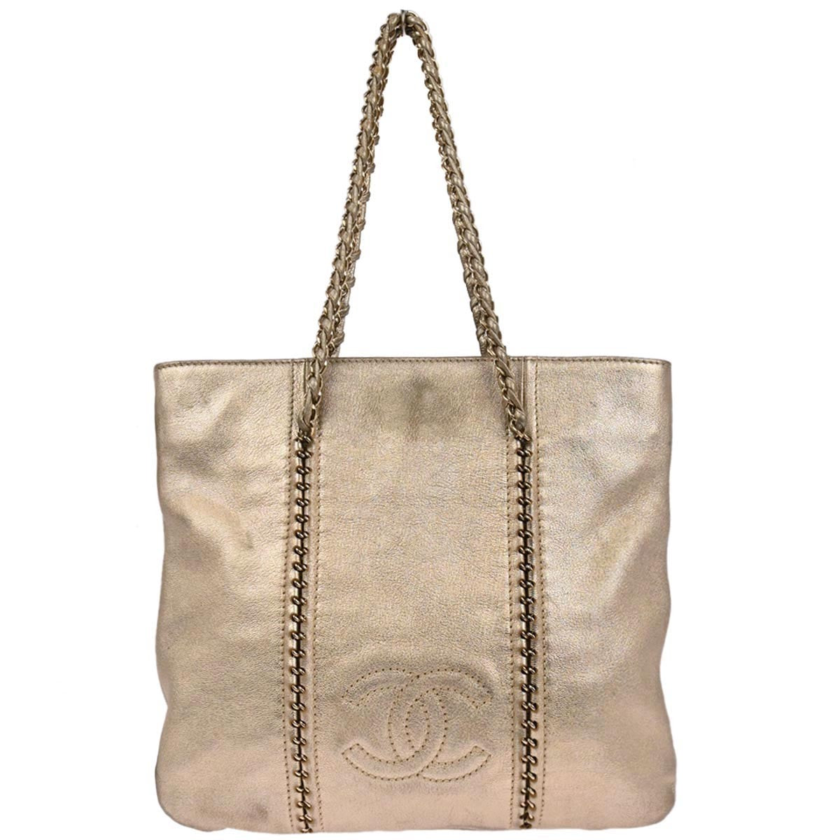 Chanel Luxe Ligne Zipped Tote Leather Gold Leather Tote Bag Bag (Pre-Owned)