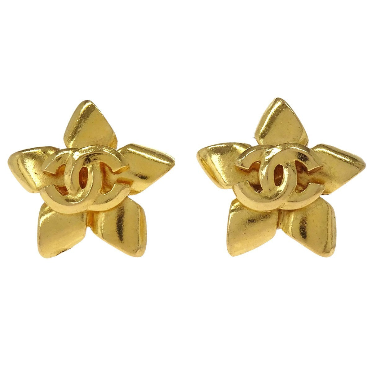 Chanel Vintage Cc Flower Clip-On Textured Metal Gold Gold_Plated Earrings Jewelry (Pre-Owned)