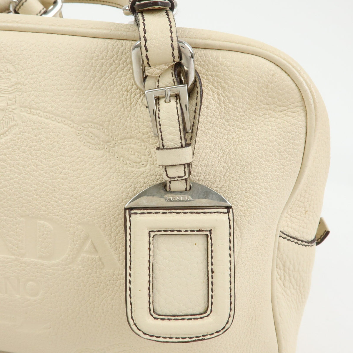 Prada Embossed Logo Bauletto Vitello Daino Beige Leather Handbag (Pre-Owned)