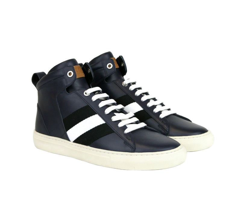 Bally Men's Dark Blue Calf Leather Hi-top Sneaker With Black White Hedern-129 (Size: 8 D)