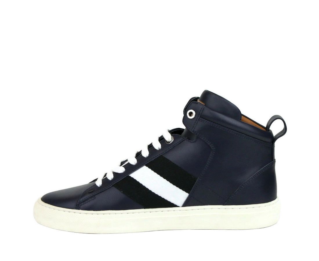 Bally Men's Dark Blue Calf Leather Hi-top Sneaker With Black White Hedern-129 (Size: 8 D)