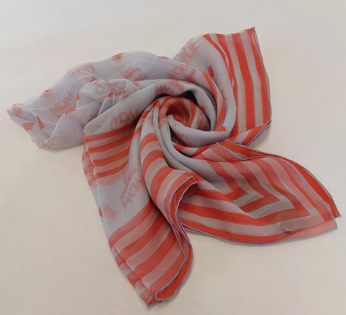 MCM Gray Dawn Silk Jacquard Scarf w/Monogram and Stripes