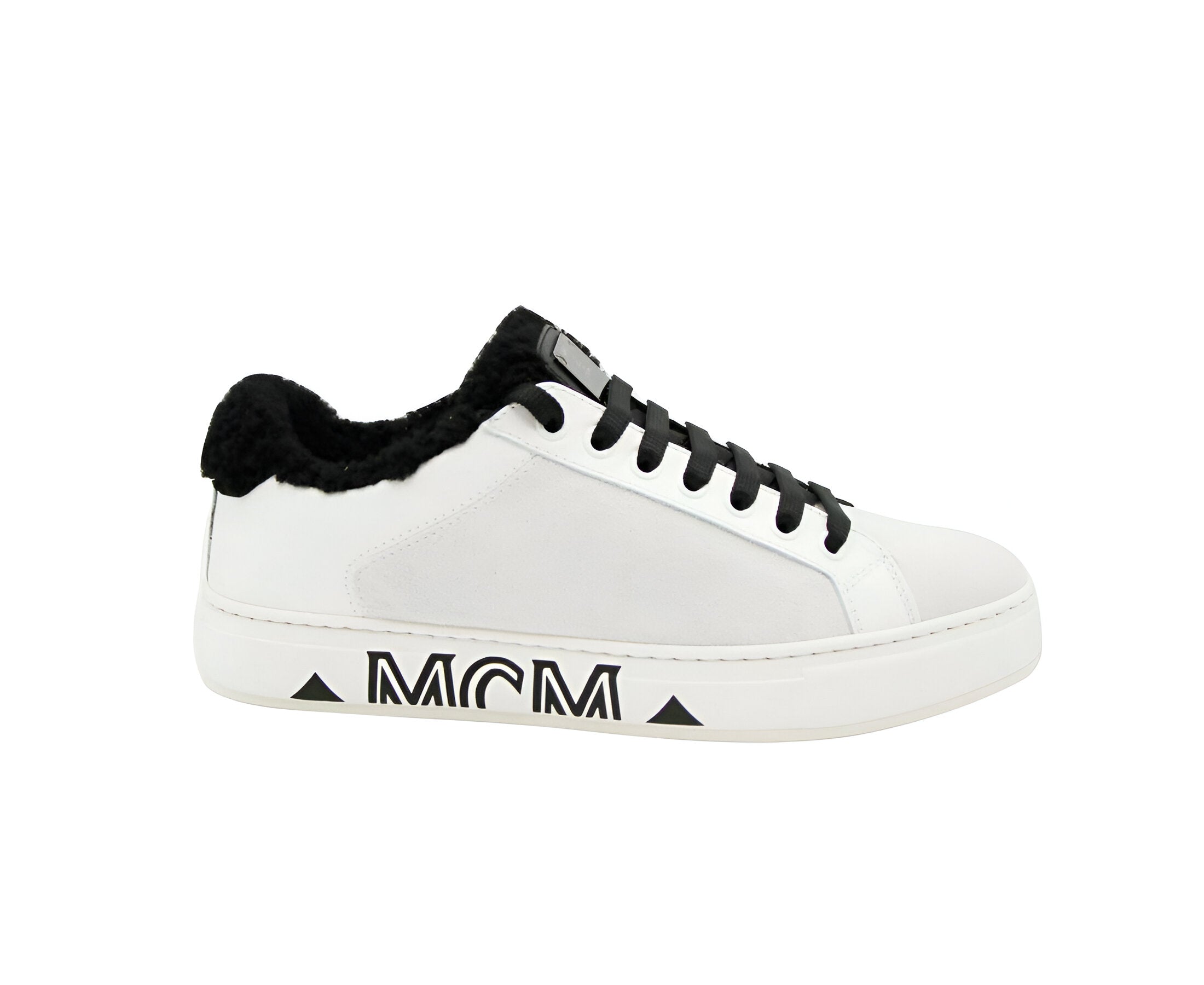 MCM Women's White Milano Suede Black Shearling Low Top Sneaker (37 EU / 7 US)