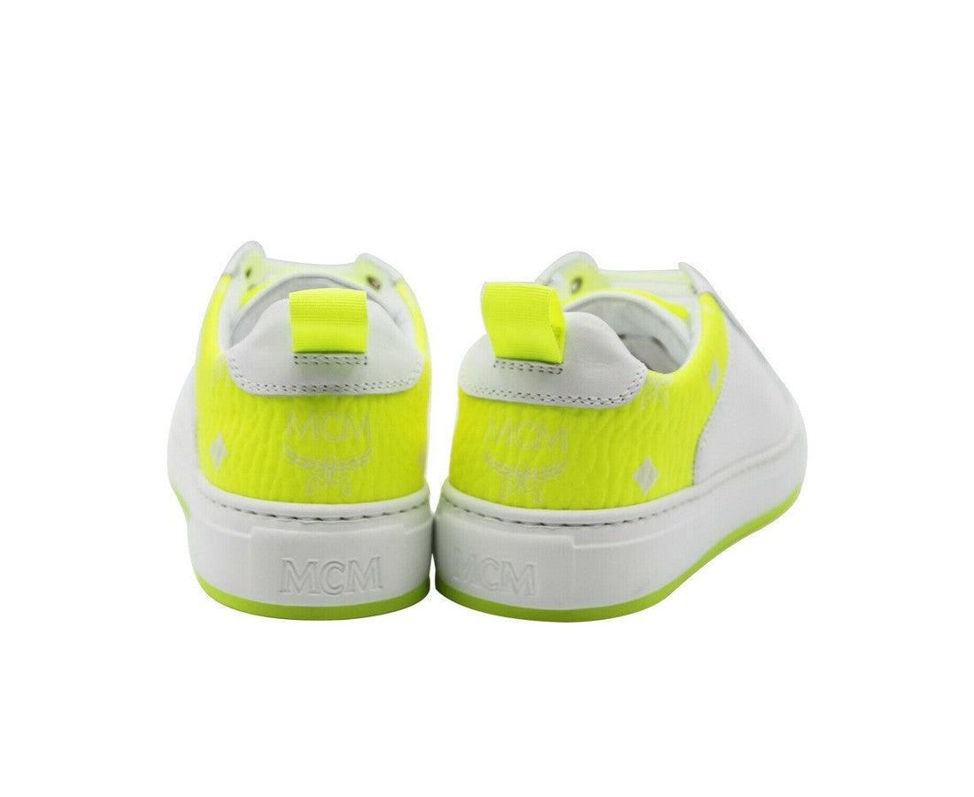 MCM Women's White Leather Neon Green Logo Trim Low Top Sneaker (36 EU / 6 US)
