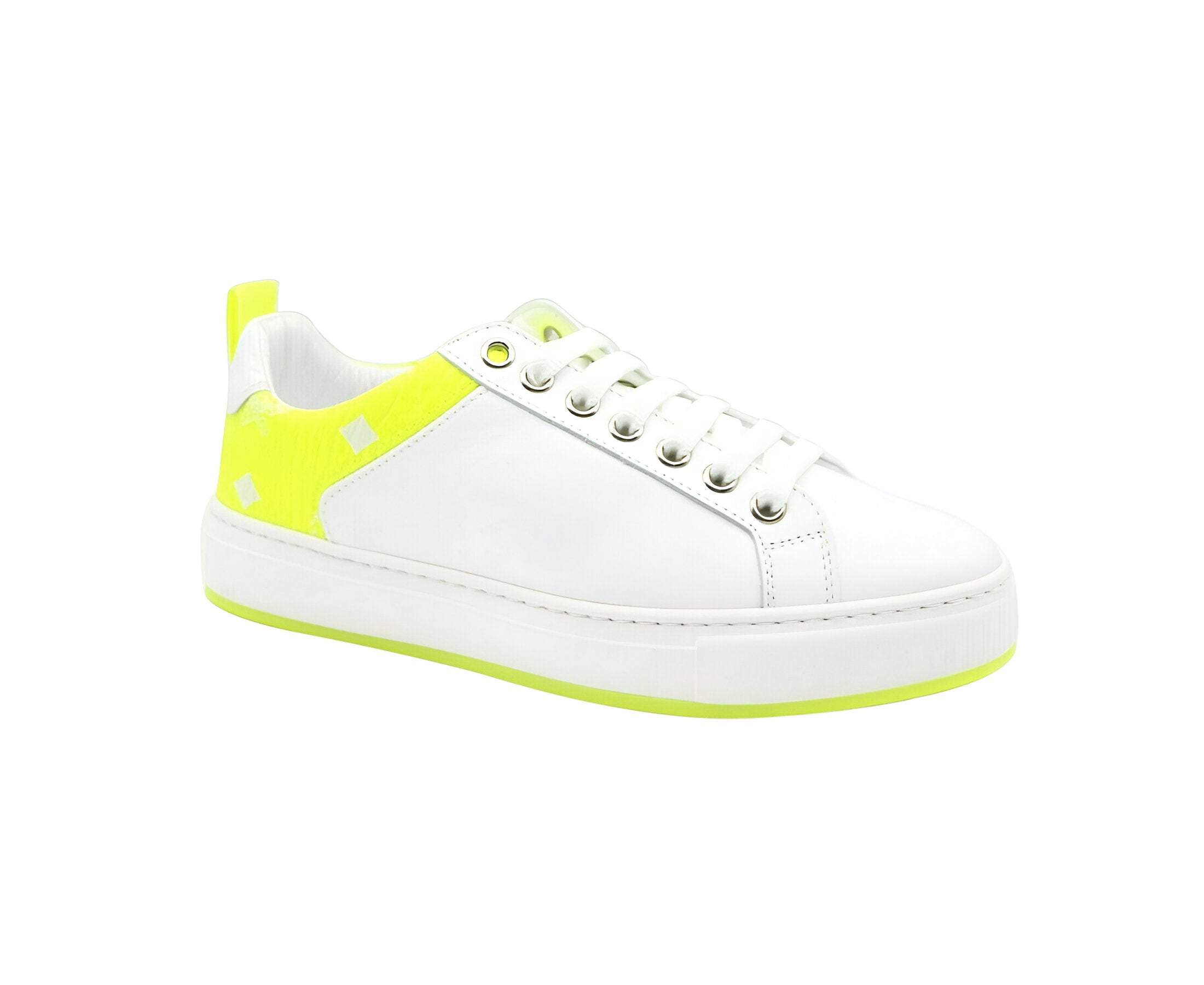 MCM Women's White Leather Neon Green Logo Trim Low Top Sneaker (37 EU / 7 US)