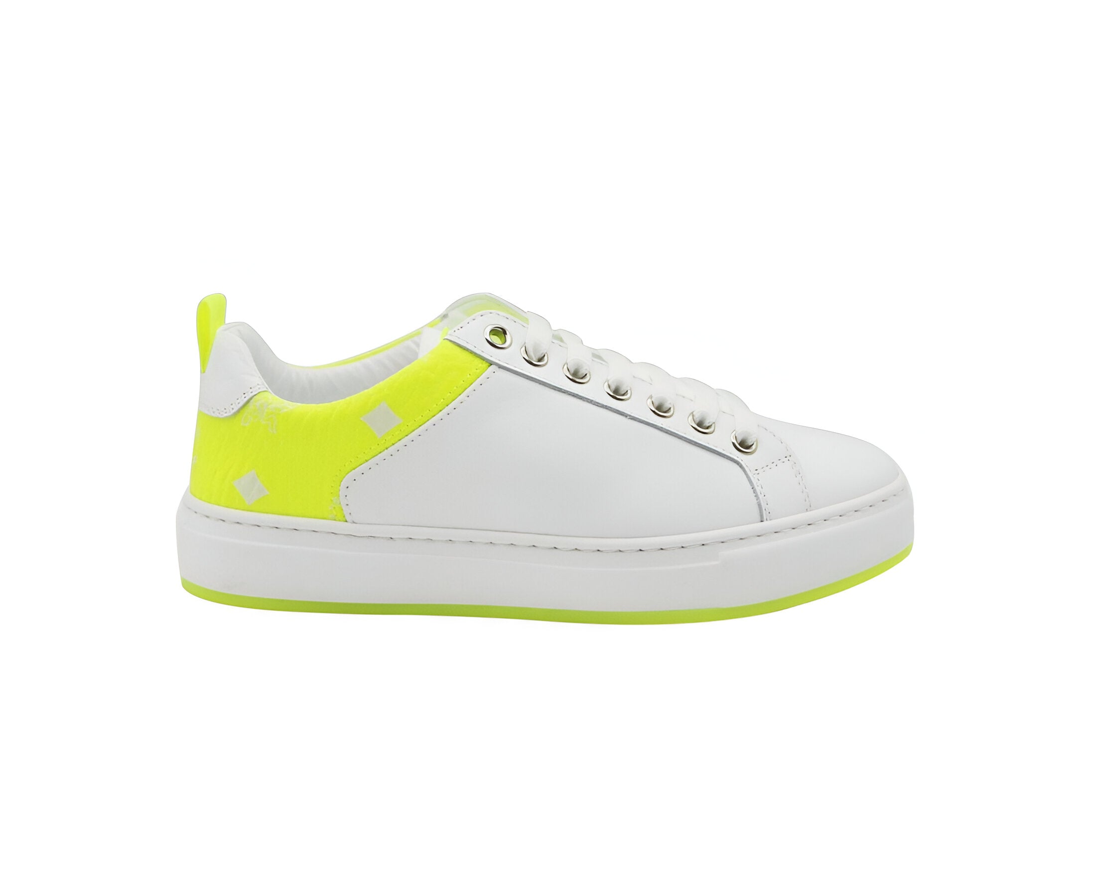 MCM Women's White Leather Neon Green Logo Trim Low Top Sneaker (37 EU / 7 US)